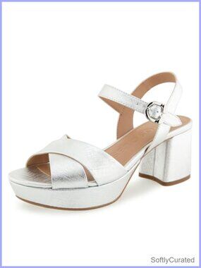 Metallic Platform Heeled Sandals Faux Leather Ankle Strap